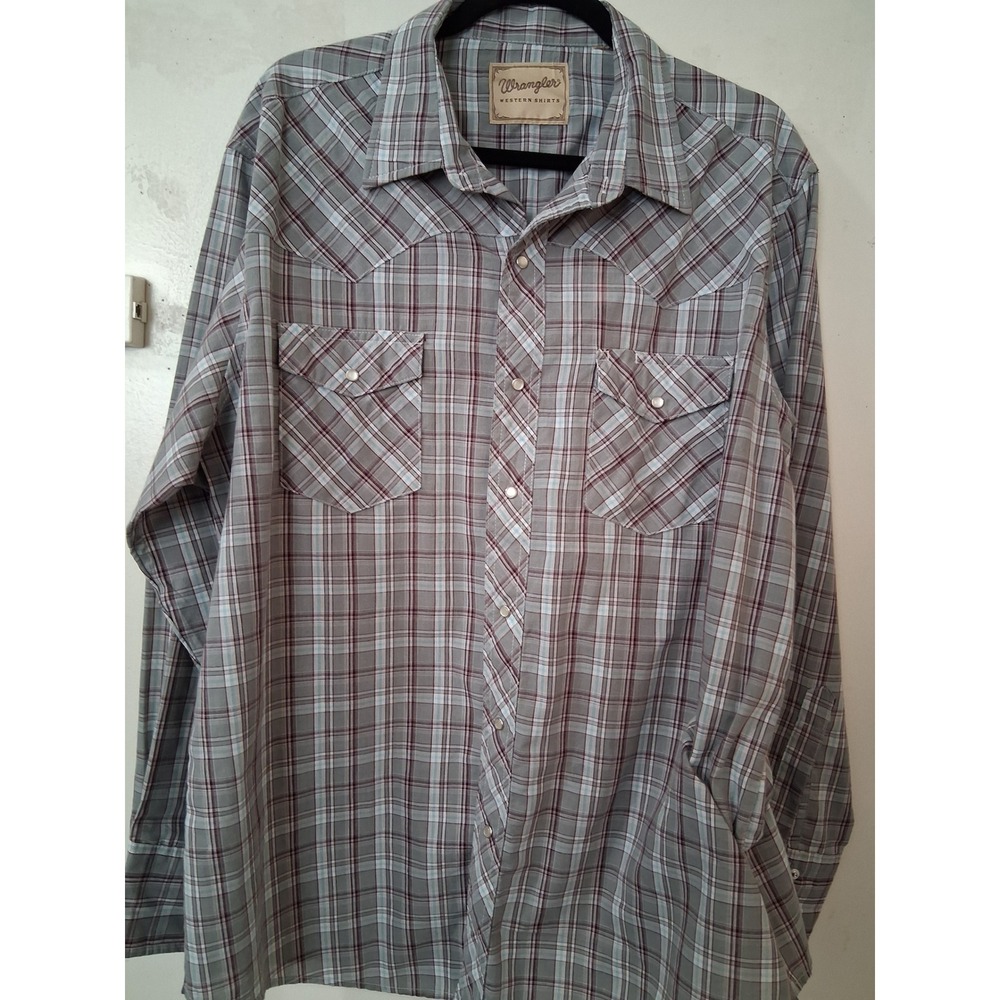 Vintage wrangler Mens Western Shirt Grey Plaid Pearl Snap Long Sleeve XL